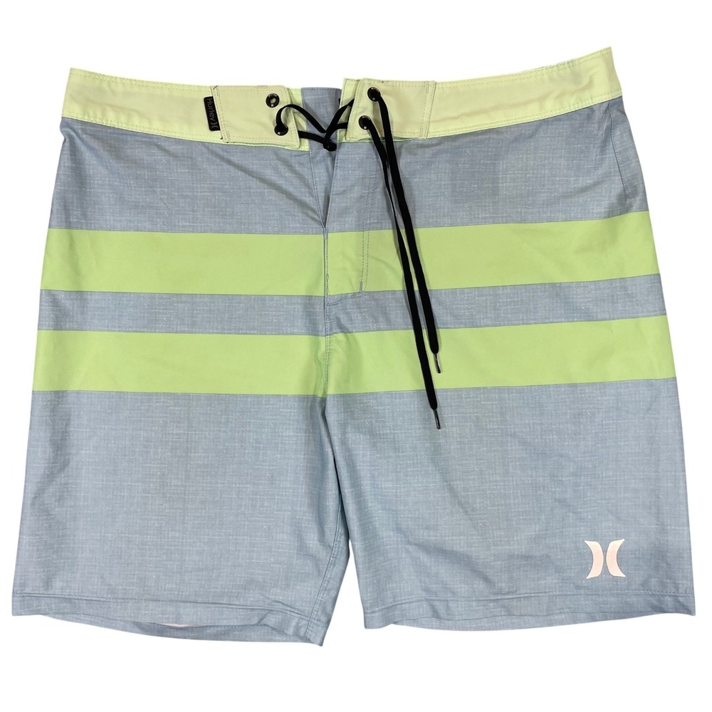 Hurley Mens Board Shorts Size 32 Blue Lime Green Striped Swim Trunks F1775-00